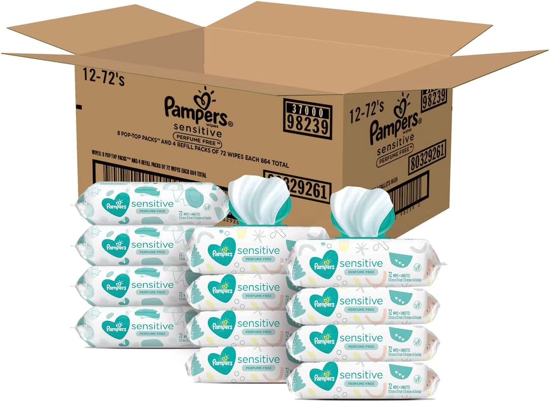 Baby Wipes, Pampers Sensitive Water Based Baby Diaper Wipes, Hypoallergenic and Unscented, 8 Pop-Top Packs with 4 Refill Packs for Dispenser Tub, 864 Total Wipes (Packaging May Vary)