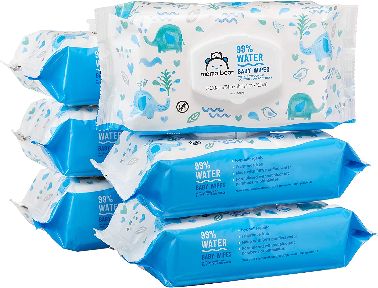 Amazon Brand - Mama Bear 99% Water Baby Wipes, Hypoallergenic, Fragrance Free,72 Count (Pack of 6)