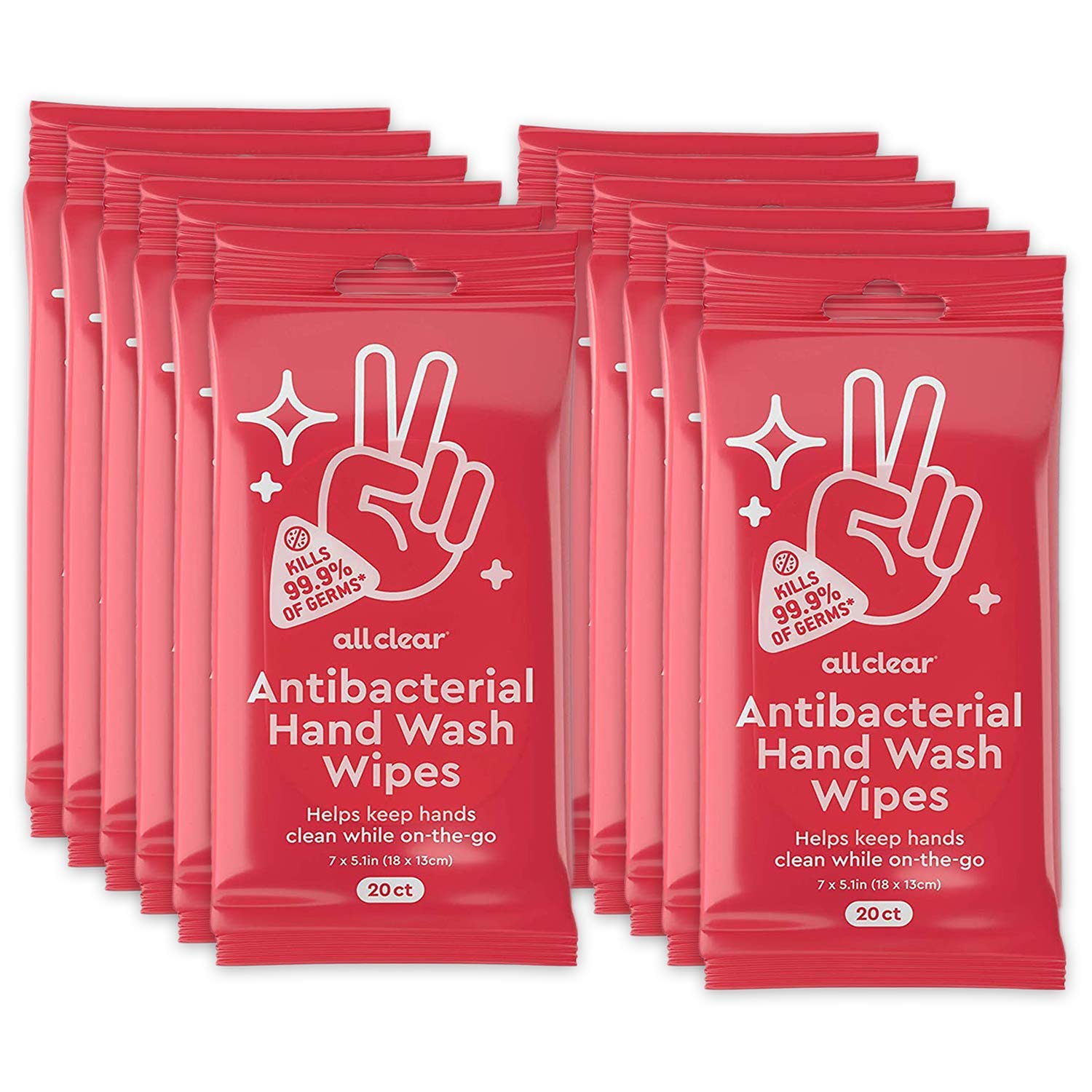 All Clear Antibacterial Hand Wash Wipes | 20 Count (Pack of 12) 240 Total Hand Sanitizing Wipes