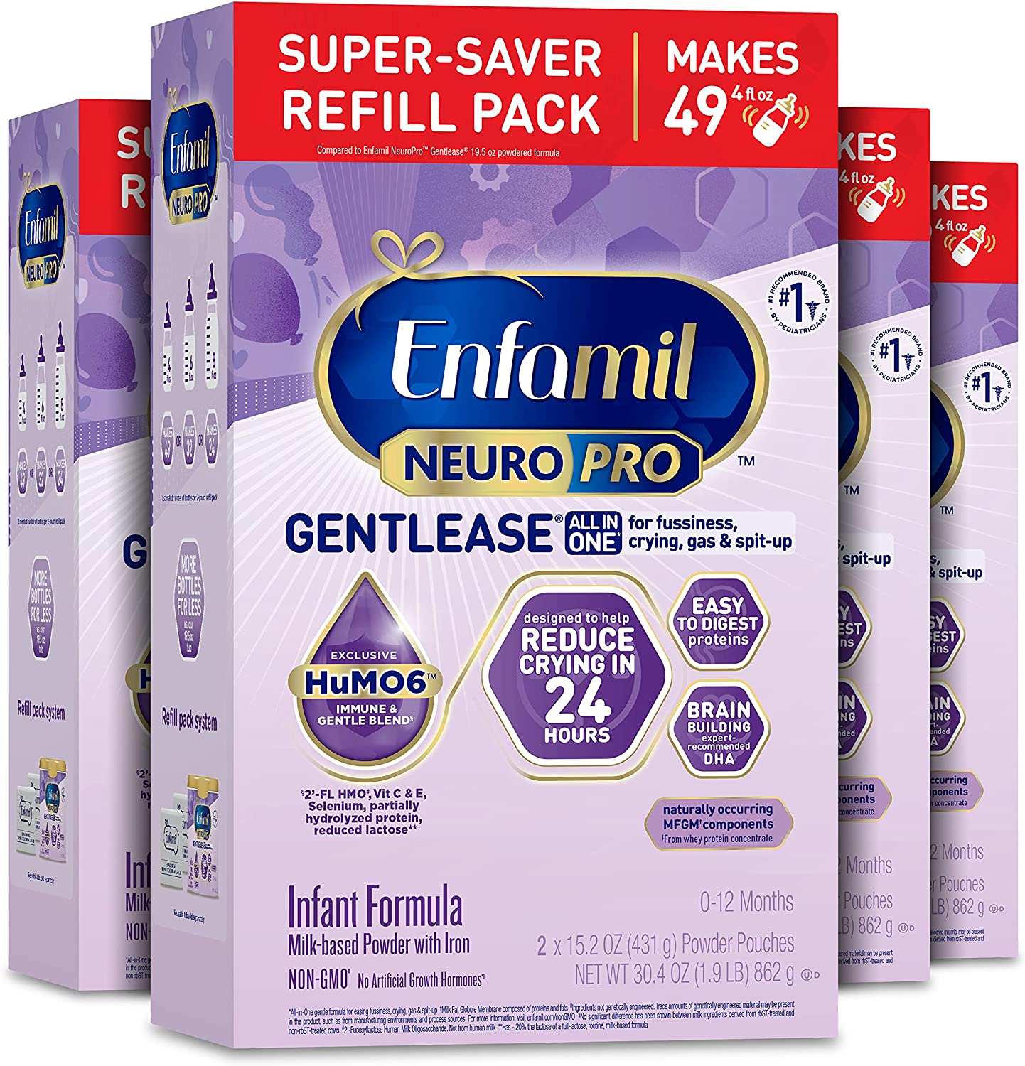Enfamil NeuroPro Gentlease Baby Formula, Brain and Immune Support with DHA, Clinically Proven to Reduce Fussiness, Crying, Gas & Spit-up in 24 Hours, Non-GMO, Powder Refill Box, 30.4 Oz (Pack of 4)
