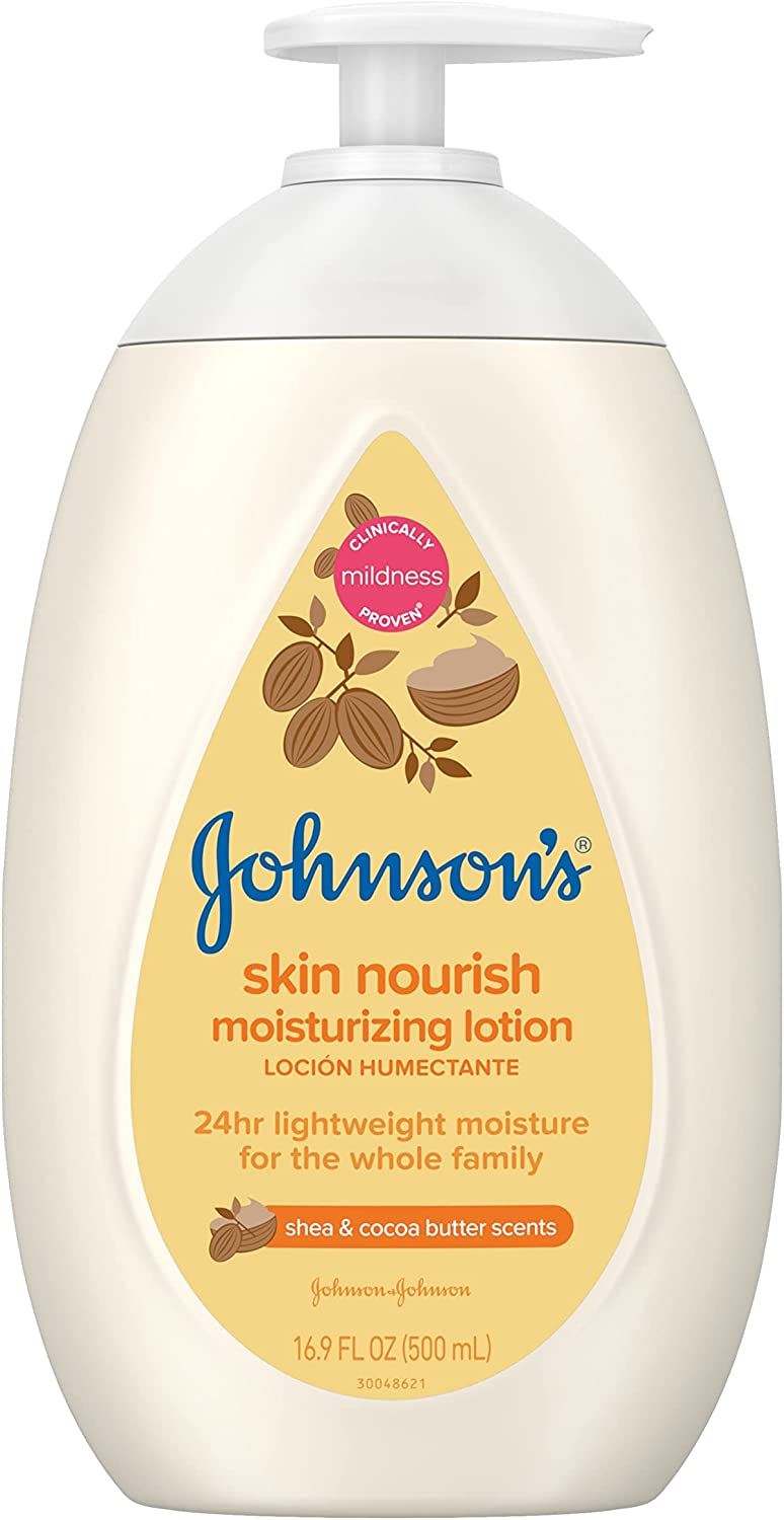 Johnson's Skin Nourish Moisturizing Baby Lotion for Dry Skin with Shea & Cocoa Butter Scents, Gentle & Lightweight Body Lotion for The Whole Family, Hypoallergenic, Dye-Free, 16.9 fl. oz
