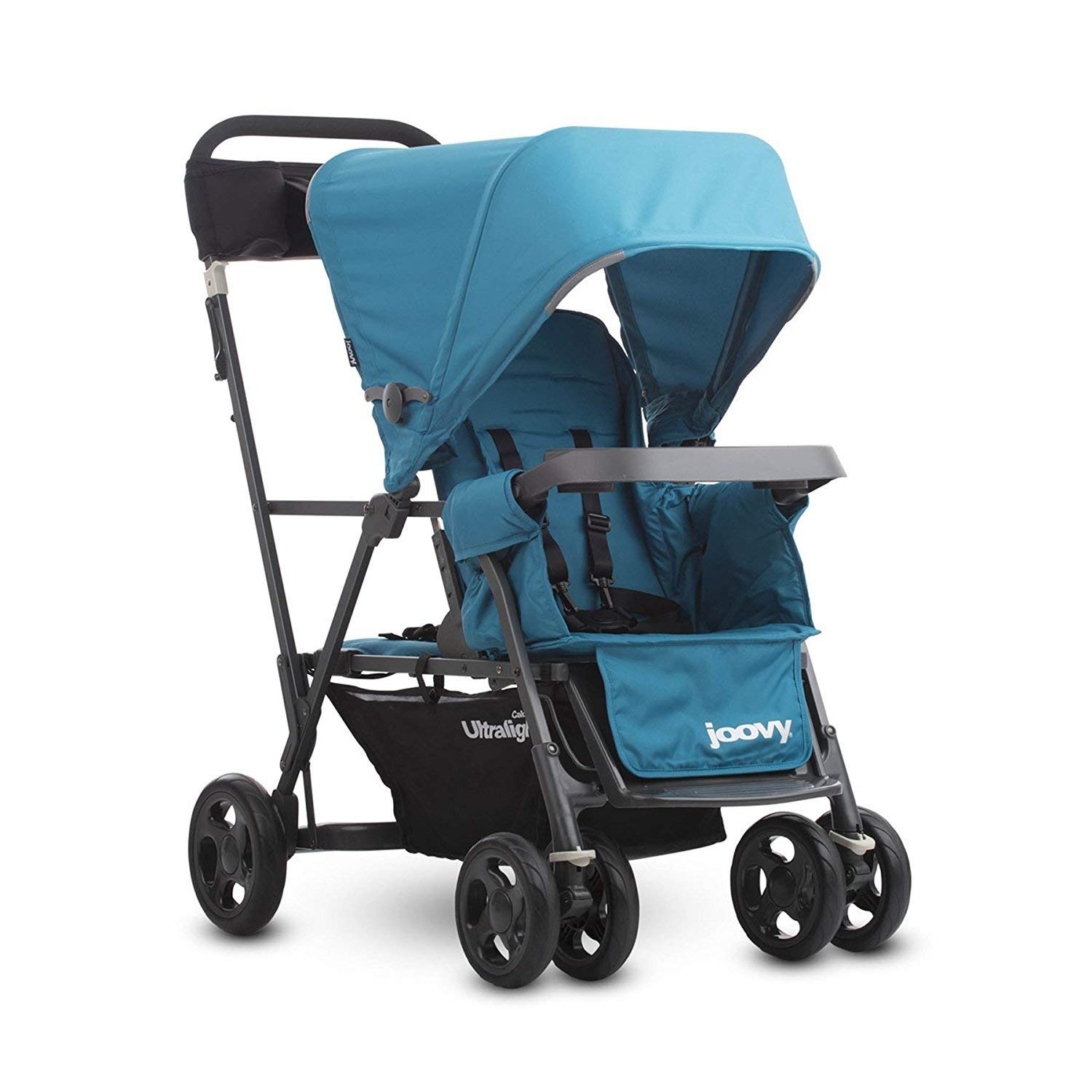 Joovy Caboose Ultralight Sit and Stand Double Stroller with Rear Bench and Standing Platform, 3-Way Reclining Seats, Optional Rear Seat, and Universal Car Seat Adapter (Turq)

