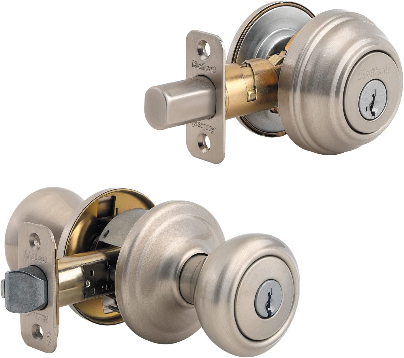 Kwikset Cameron Keyed Entry Door Knob and Single Cylinder Deadbolt Combo Pack with Microban Antimicrobial Protection featuring SmartKey Security in Satin Nickel