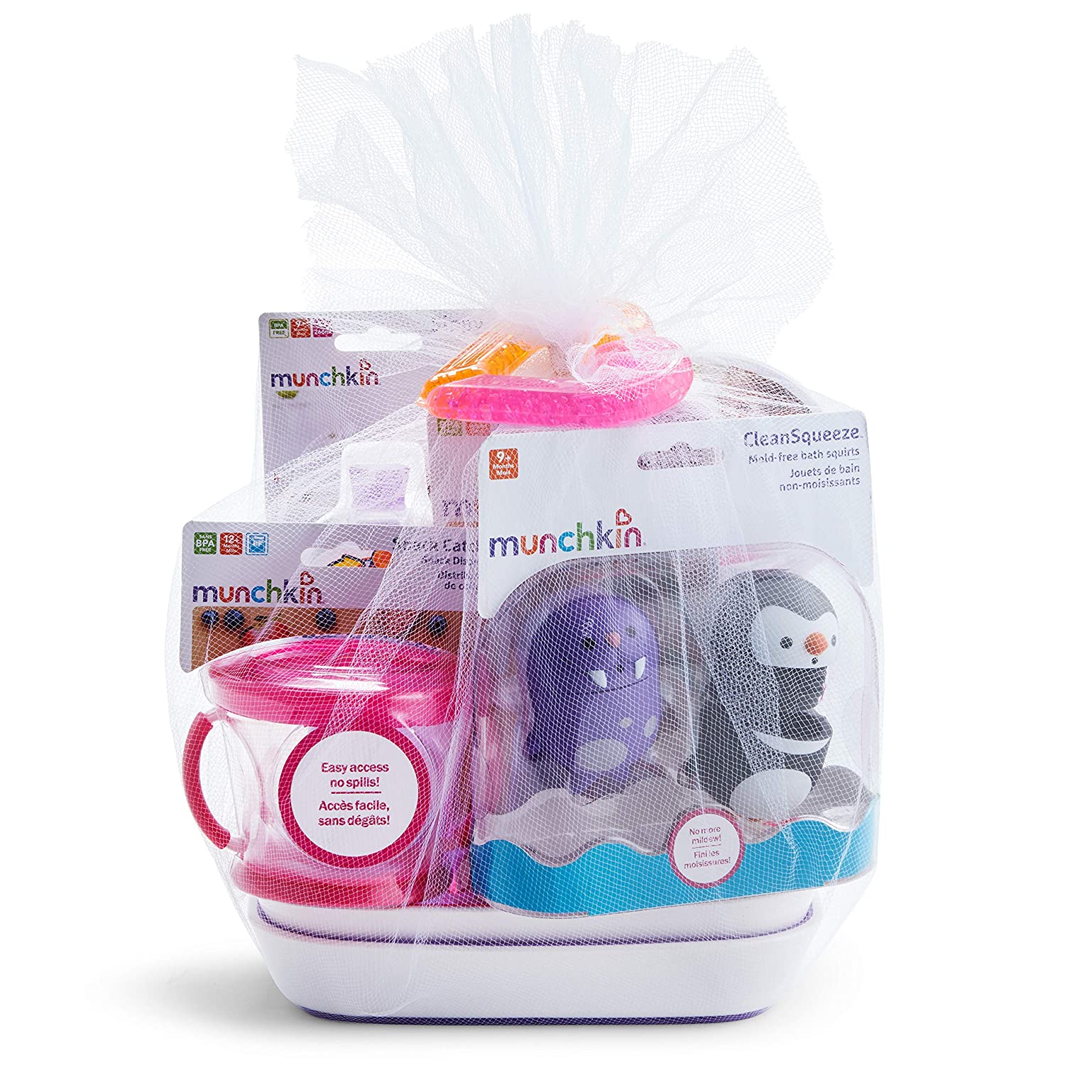 Munchkin 1st Birthday Gift Basket, Includes Sippy Cups, Plates, Feeding Utensils, Snack Catcher, Bath Toy and Teether, Pink
