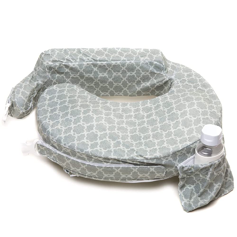My Brest Friend Deluxe Nursing Pillow for Breastfeeding & Bottle Feeding, Enhanced Posture Support, Double Straps & Removable Extra Soft Slipcover, Flower Key Grey
