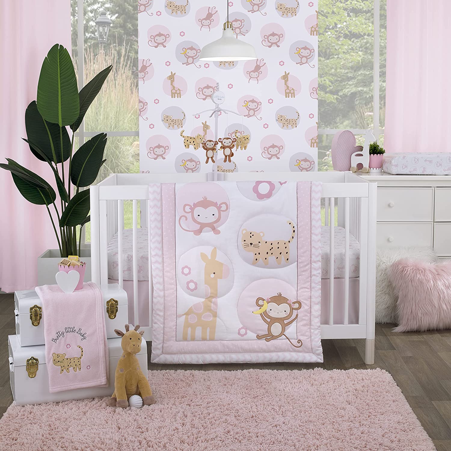 NoJo Sweet Jungle Friends Pink, White & Tan, Monkey, Cheetah & Giraffe with Polka Dots & Flowers 3Piece Nursery Crib Bedding Set - Comforter, Fitted Crib Sheet, & Crib Skirt, Pink, White, Tan