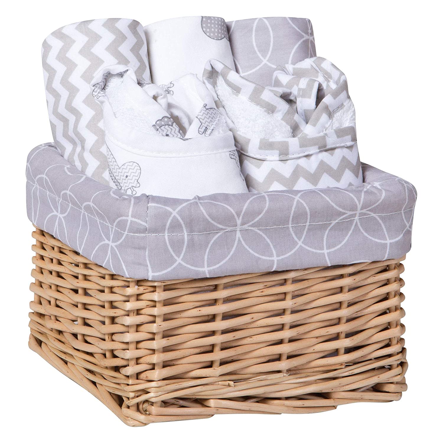 Trend Lab Safari Gray 7 Piece Feeding Basket Gift Set - 2 Deluxe Bibs, 3 Deluxe Burp Cloths, Liner, Willow Basket