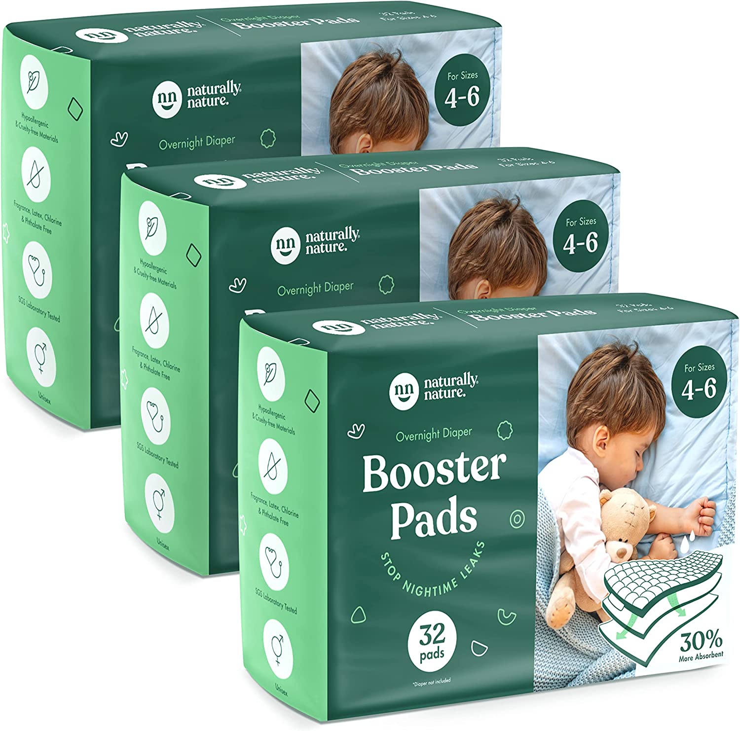 Naturally Nature Overnight Diaper Doubler Booster Pads with Adhesive (96 Count) for Pull-on & Regular Diapers | Nighttime Leak Protection for Heavy Wetters, Diaper Liners for Boys & Girls